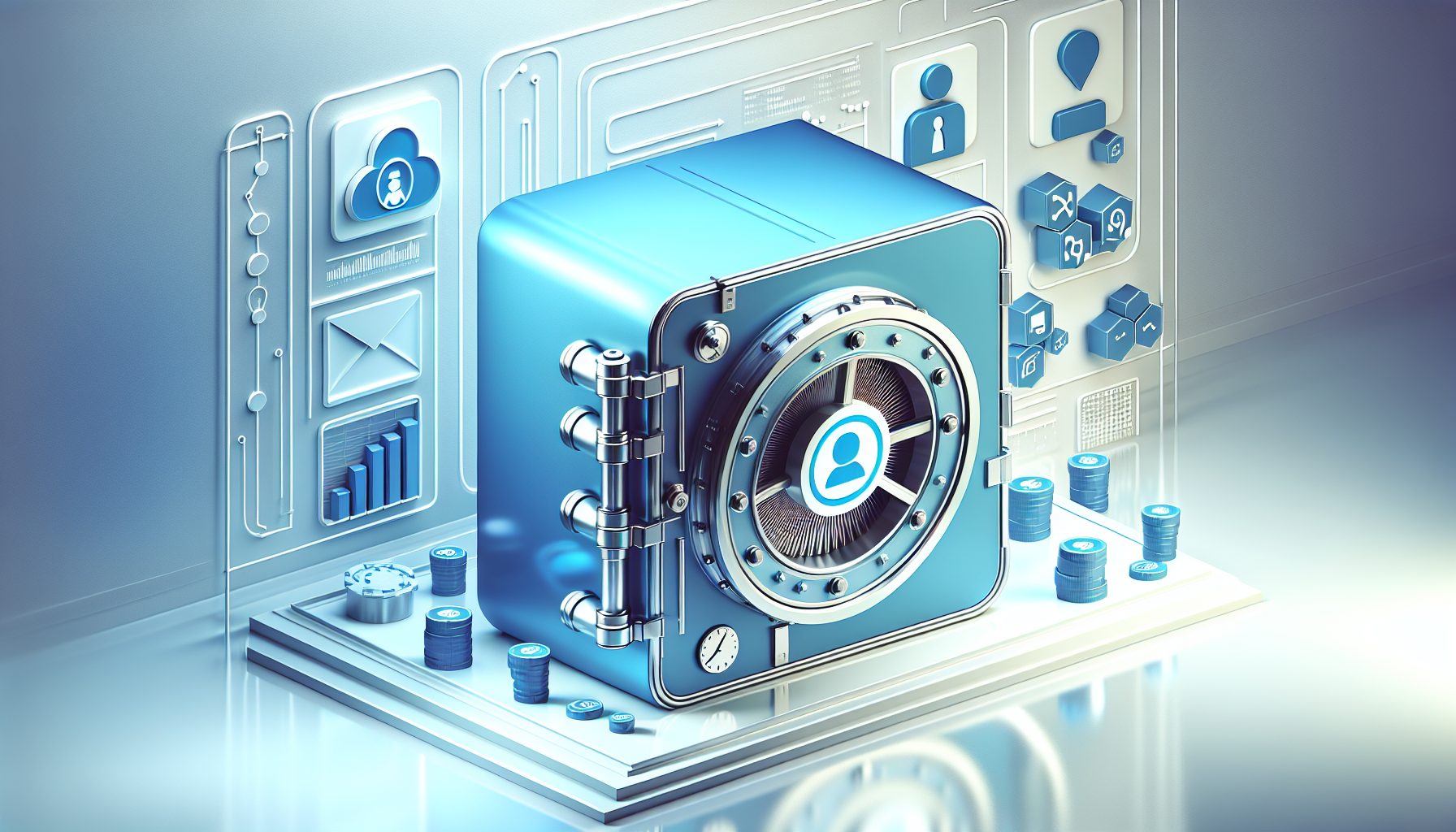 Editorial illustration showing social media escrow protecting a username purchase with a secure digital vault