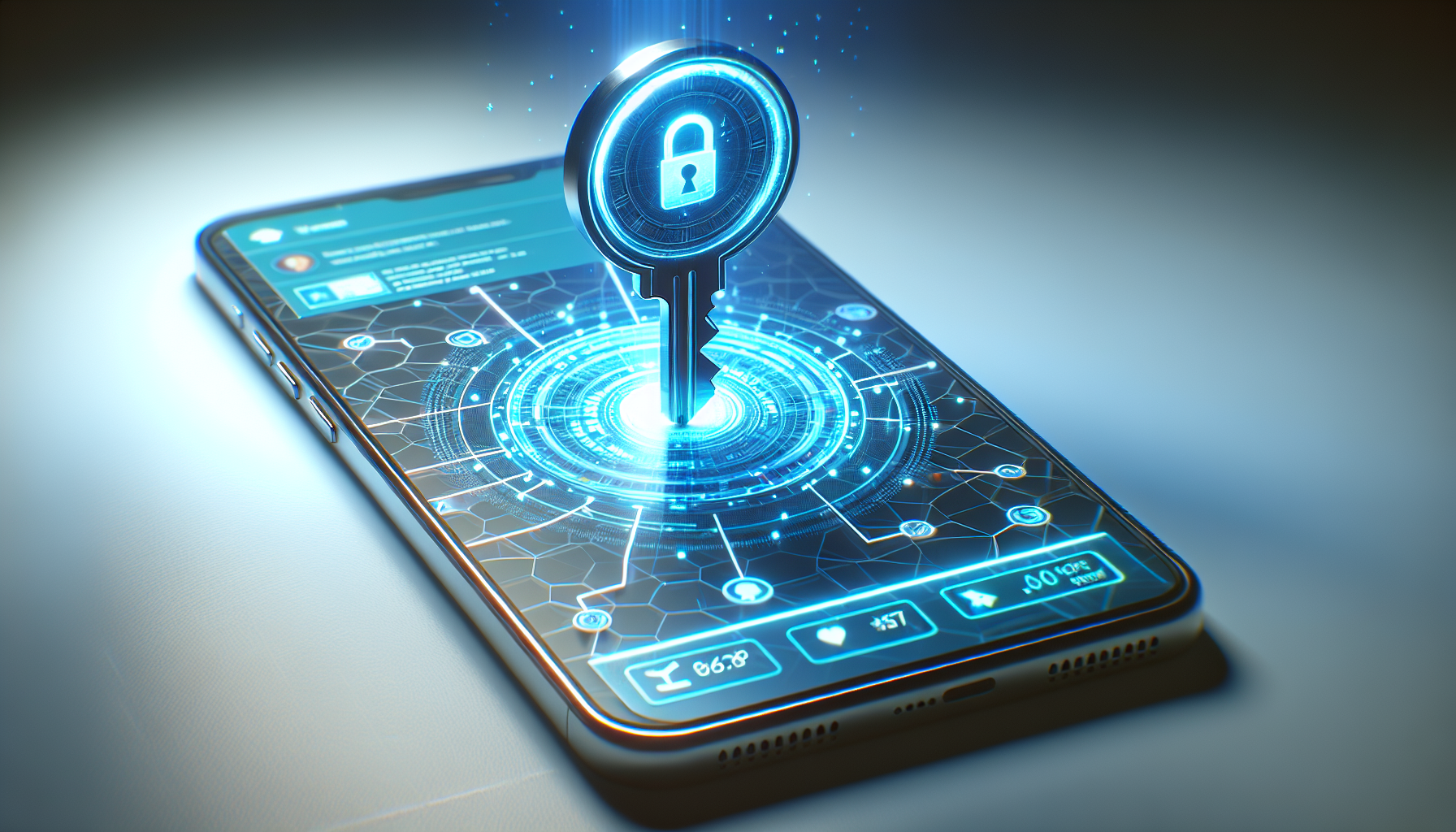 Editorial illustration of buying a rare Instagram username, showing a glowing username key above a smartphone with the Instagram app, blue accent.