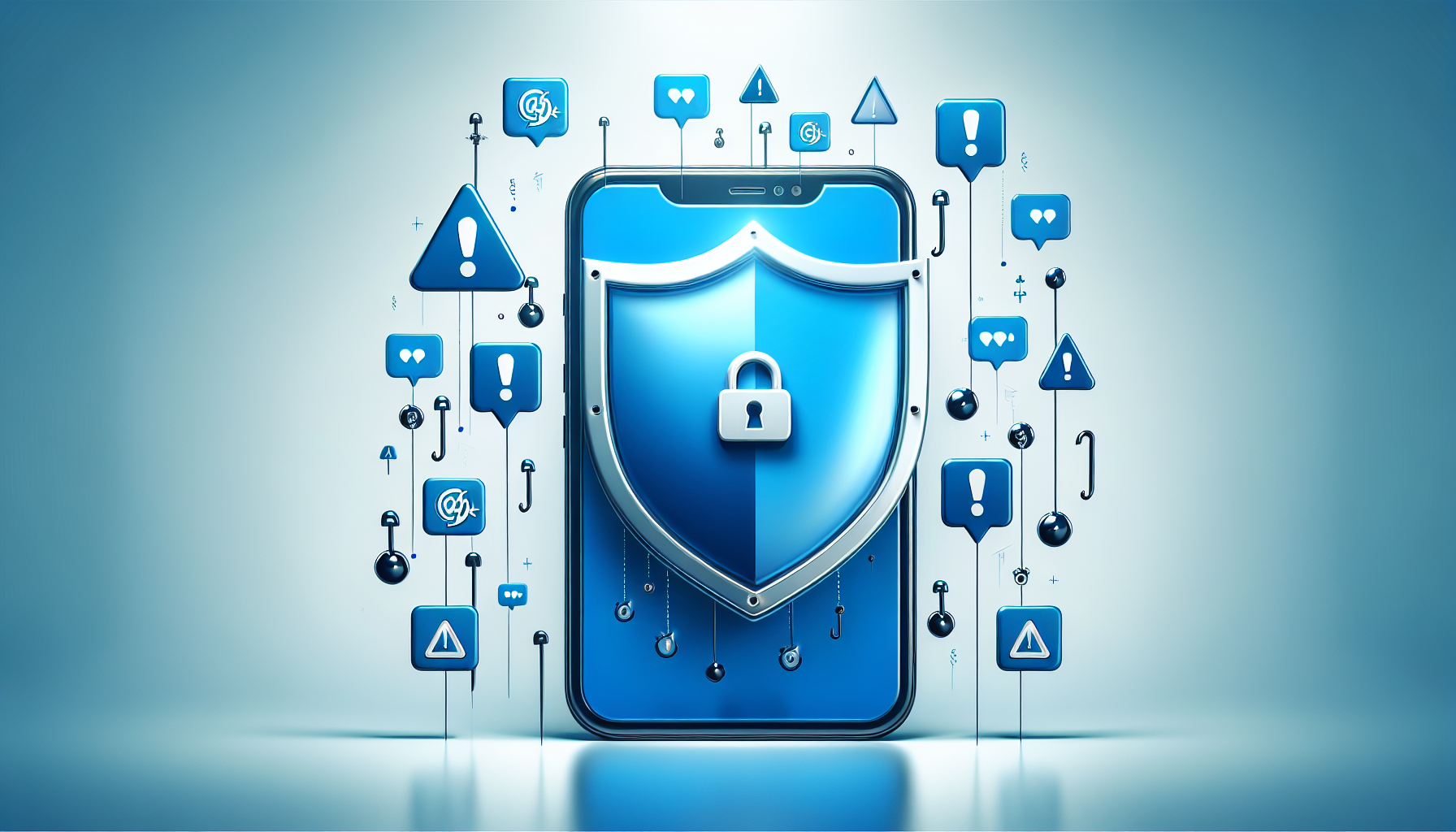 Editorial illustration of avoiding Instagram scams, with a shield protecting a smartphone displaying the Instagram app