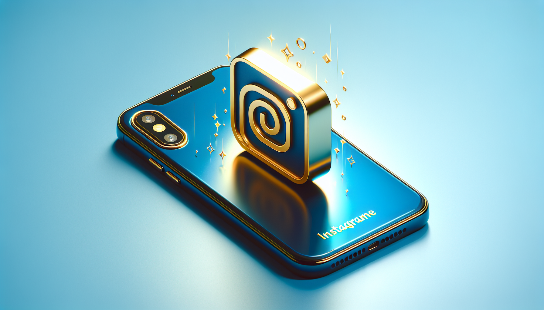 Editorial illustration of an OG Instagram handle as a golden username tag on a phone, symbolizing rarity and value