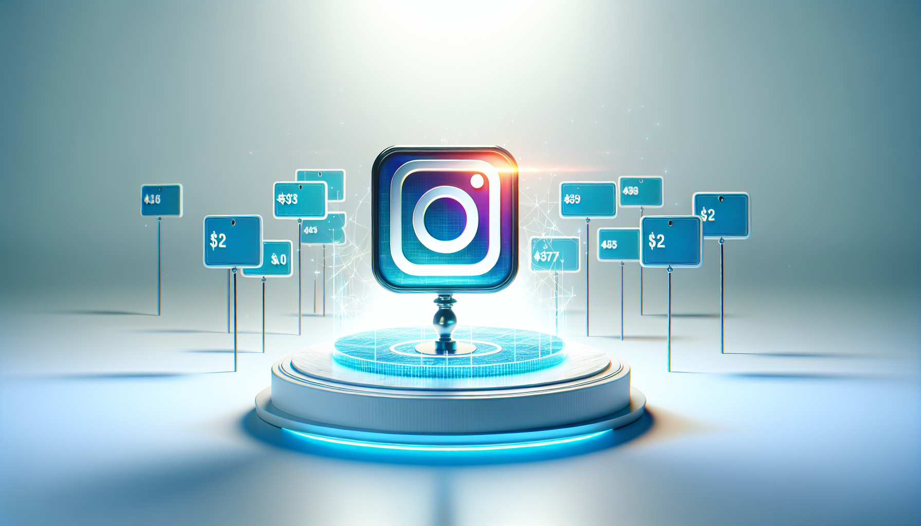 Editorial illustration of the most expensive Instagram usernames, featuring a premium username tag on a digital auction podium with vibrant blue accents.
