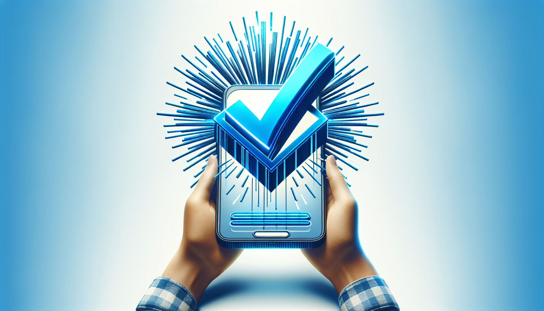 Ilustración de un check azul de verificación TikTok brillante sobre un smartphone, representando la verificación TikTok