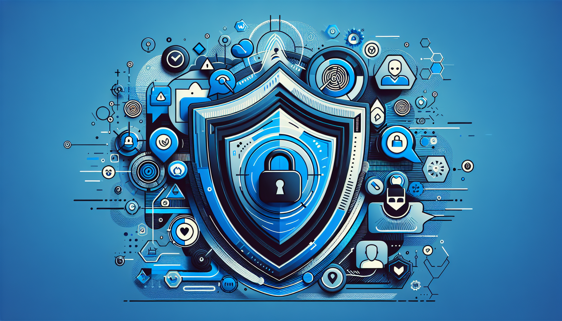 Illustrazione editoriale di truffe username Instagram con scudo e simboli di sicurezza