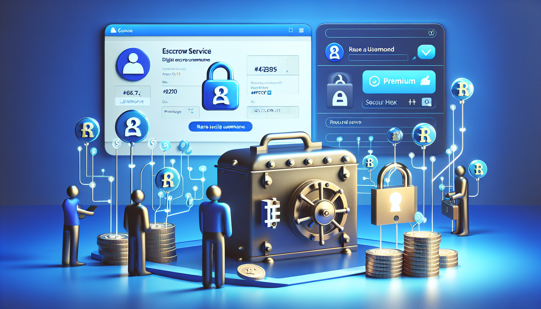 Illustrazione di servizio escrow username social che garantisce acquisto sicuro