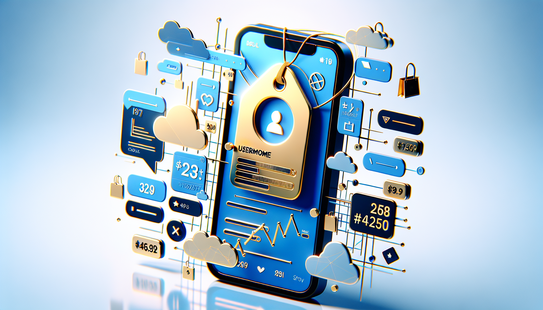 Illustrazione del valore username Instagram con tag prezzo e bilancia digitale